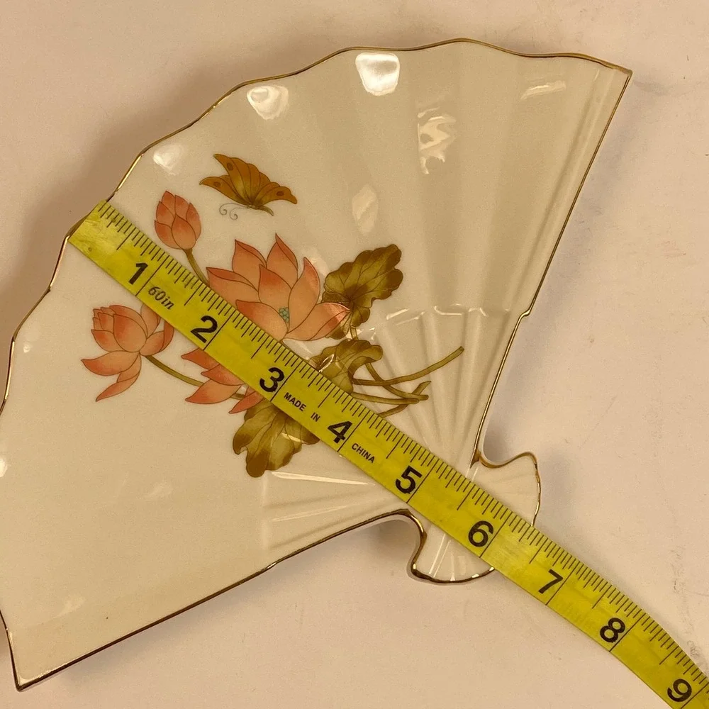 Japan Bijutsu Toki Fan Shaped Porcelain Trinket Dish White Pink Lotus Gold Rim